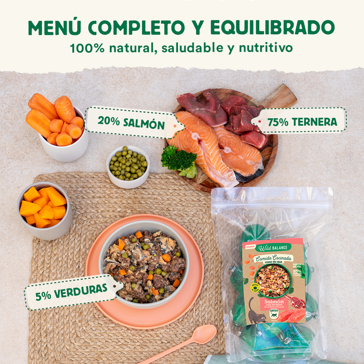 Comida Cocinada de Salmón y Ternera con verduras para gatos-Wild Balance