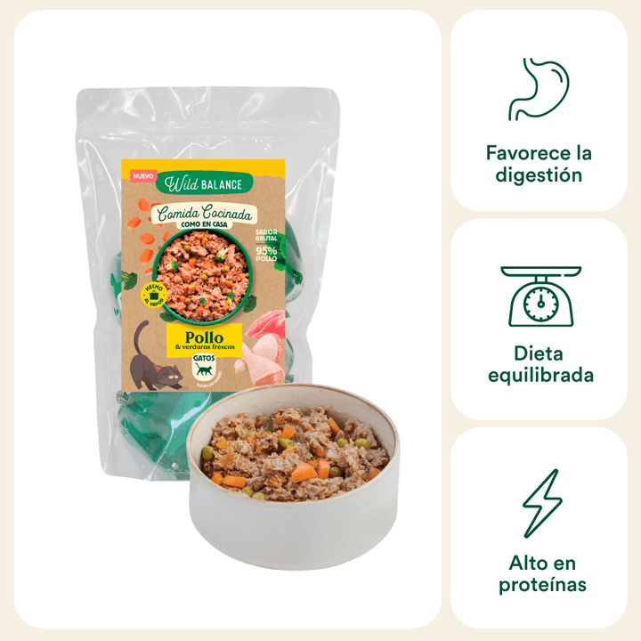 comida cocinada de pollo con verduras para gatos