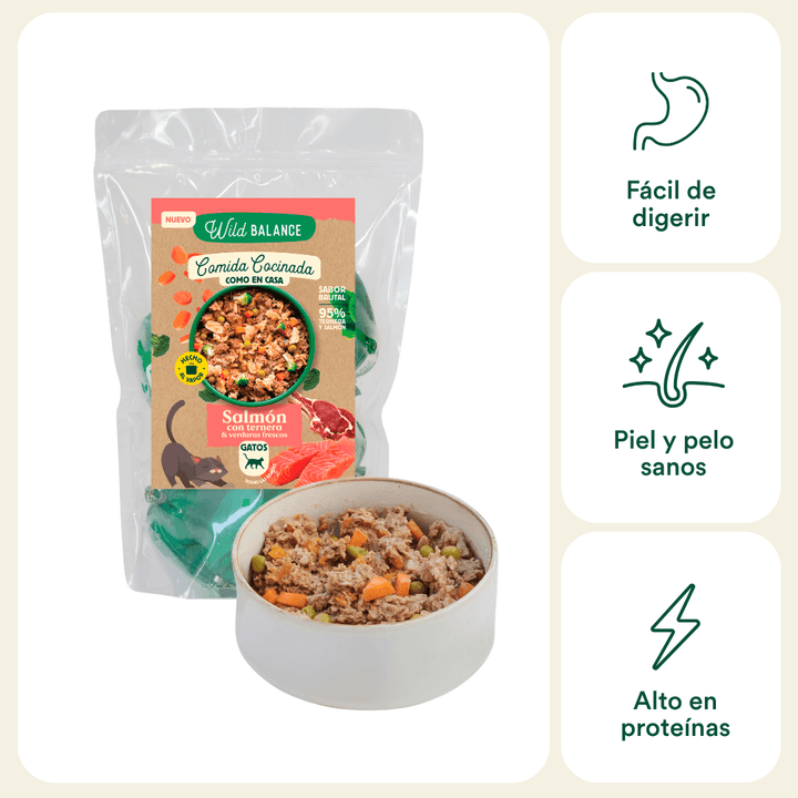 comida cocinada de salmón con ternera para gatos