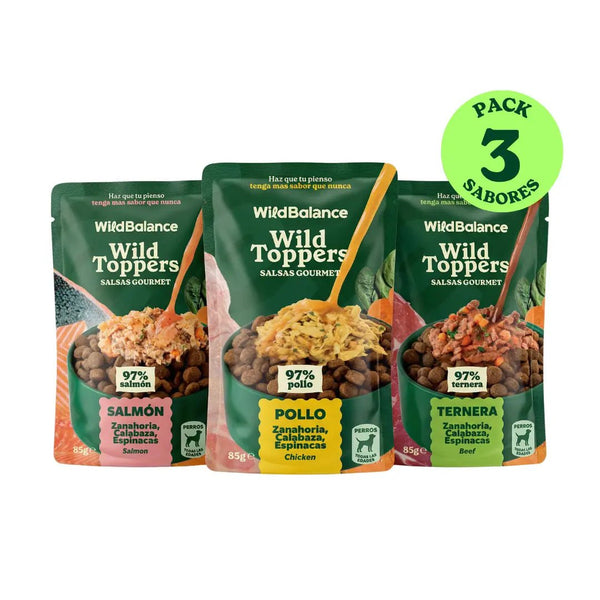 Pack 3 Toppers Naturales para Perros – Ternera, Pollo y Salmón 85g
