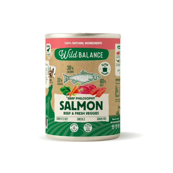 lata filosofía BARF de salmón y ternera para perros