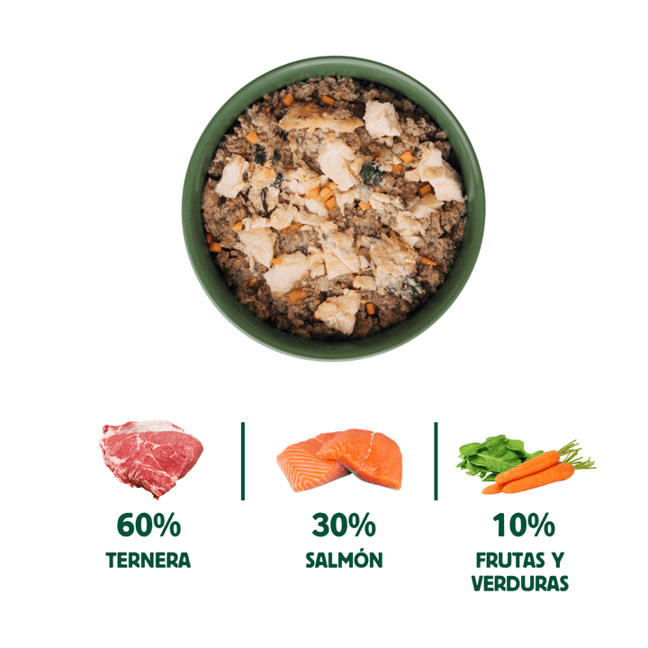 lata filosofía BARF de salmón y ternera para perros