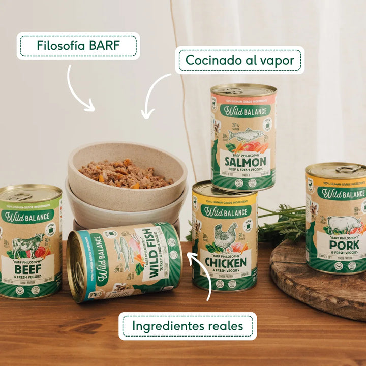 lata filosofía barf de pollo con verduras para perros