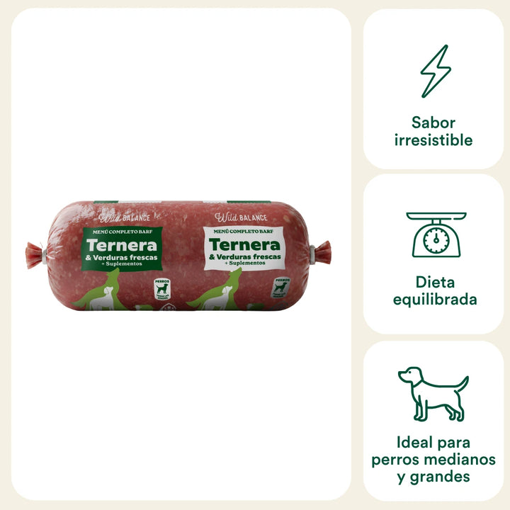 menú BARF GRANDE de ternera con verduras para perros