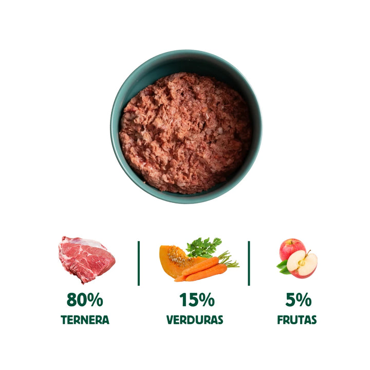 menú BARF GRANDE de ternera con verduras para perros