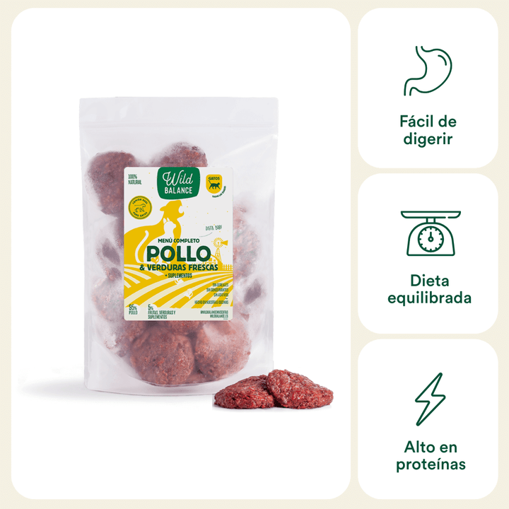 menú BARF de pollo con verduras para gatos