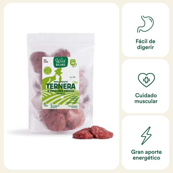 menu BARF de ternera y verduras para gatos